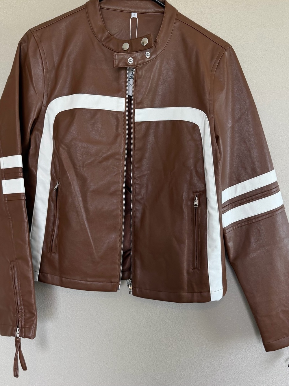 Men's Brown Leather Bomber Jacket with White Racing Stripes
